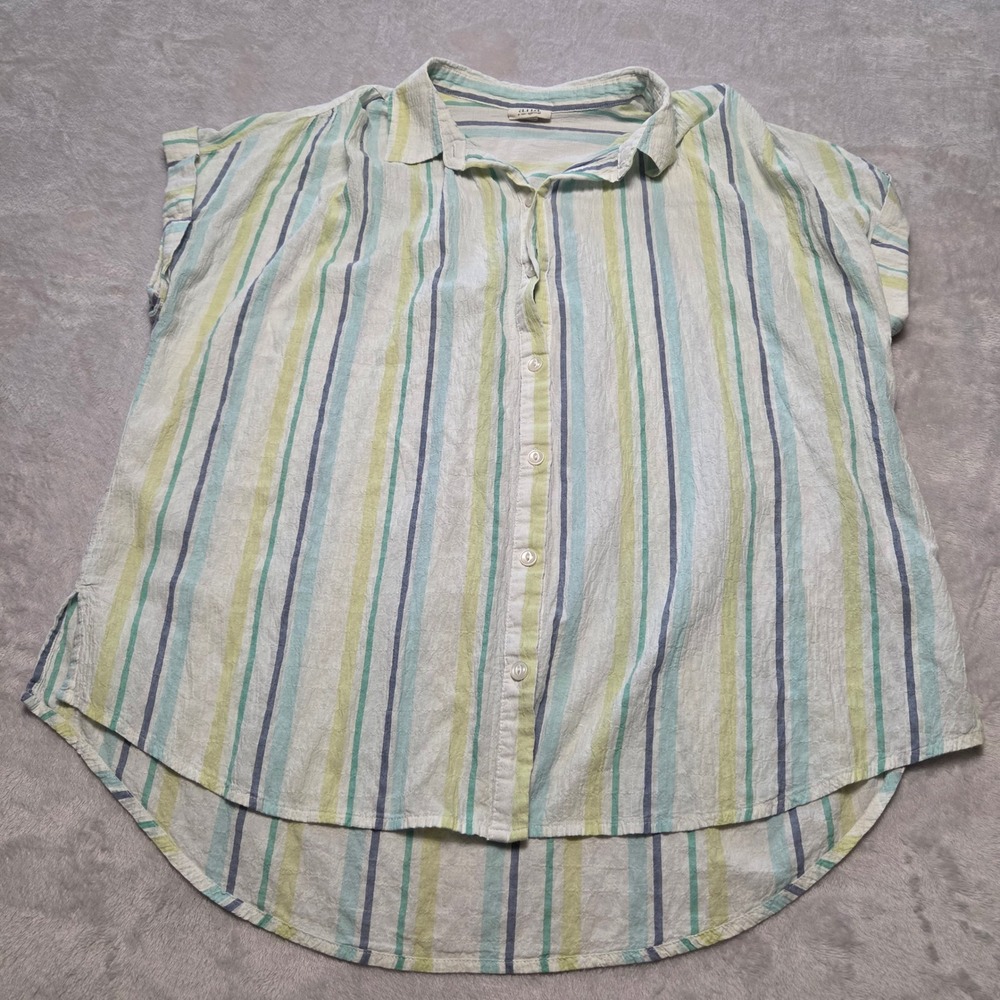 Womens XL Striped Cuffed Cap Sleeve Button Up Shirt Coastal Blue Green Yellow